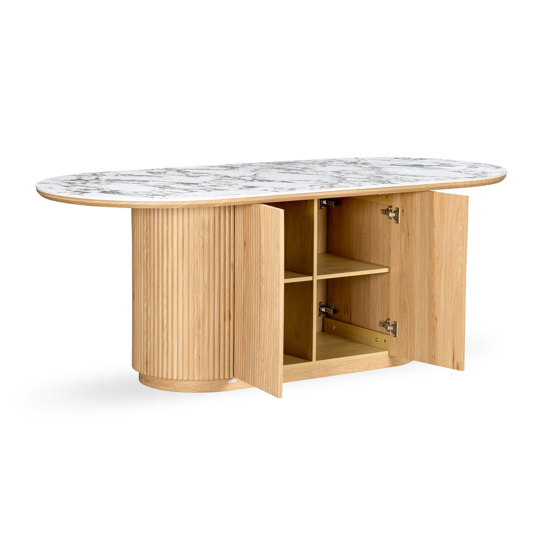 Oval dining table with marble top and fluted light wood base with open storage cabinets on a white background