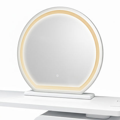 Alora LED Mirror Makeup Vanity Table with Storage in White featuring a round LED-lit mirror, touch-sensitive power icon, and a simple white stand, perfect for a modern, minimalist dressing space.