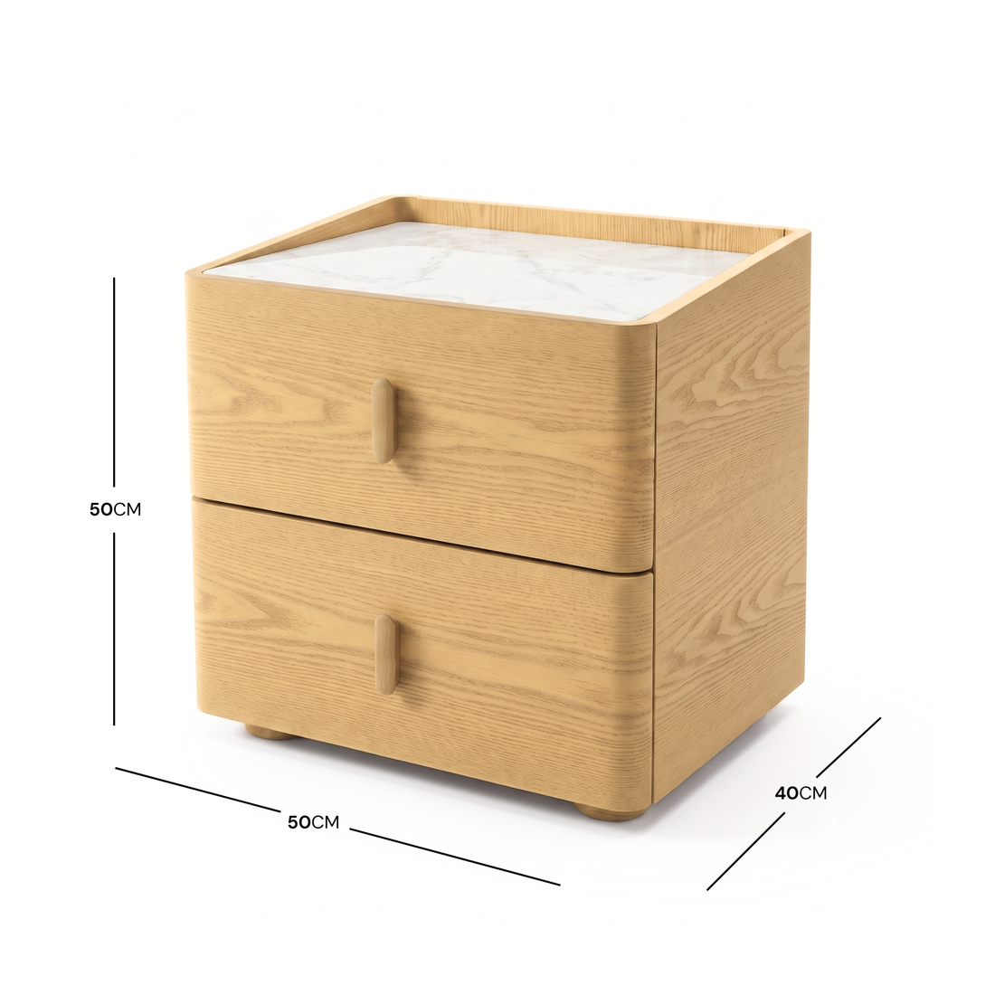 Light wood nightstand with marble-look top on white background with width, depth, and height dimensions shown