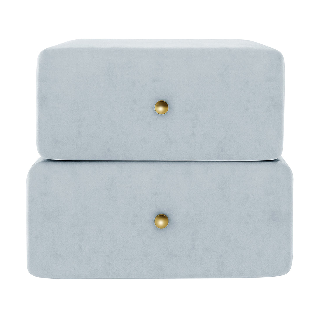 Luxo Tyla Modern Velvet Bedside Table Ice Blue features two plush, light-blue, velvet-upholstered drawers with rounded corners and gold-tone knobs, offering a minimalist, elegant aesthetic for your bedroom.