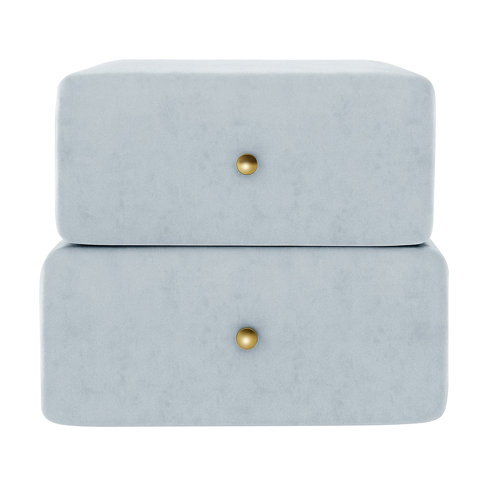 Luxo Tyla Modern Velvet Bedside Table Ice Blue features two plush, light-blue, velvet-upholstered drawers with rounded corners and gold-tone knobs, offering a minimalist, elegant aesthetic for your bedroom.