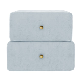 Luxo Tyla Modern Velvet Bedside Table Ice Blue features two plush, light-blue, velvet-upholstered drawers with rounded corners and gold-tone knobs, offering a minimalist, elegant aesthetic for your bedroom.