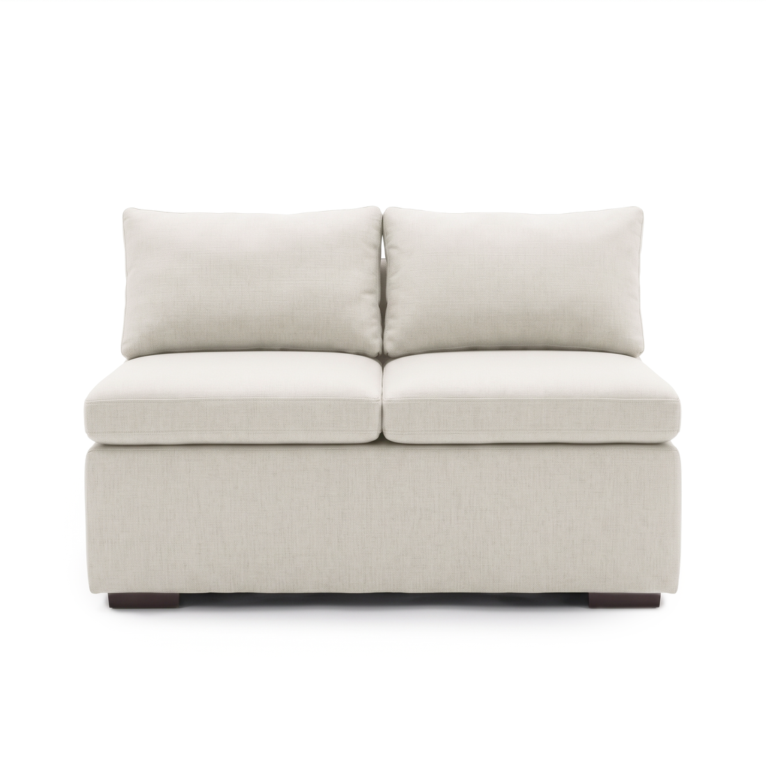 Front view of a complete cream upholstered two-seat loveseat on white