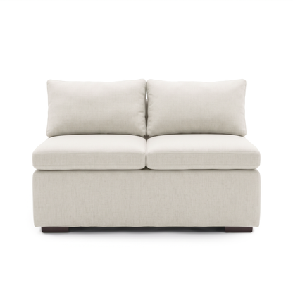 Front view of a complete cream upholstered two-seat loveseat on white