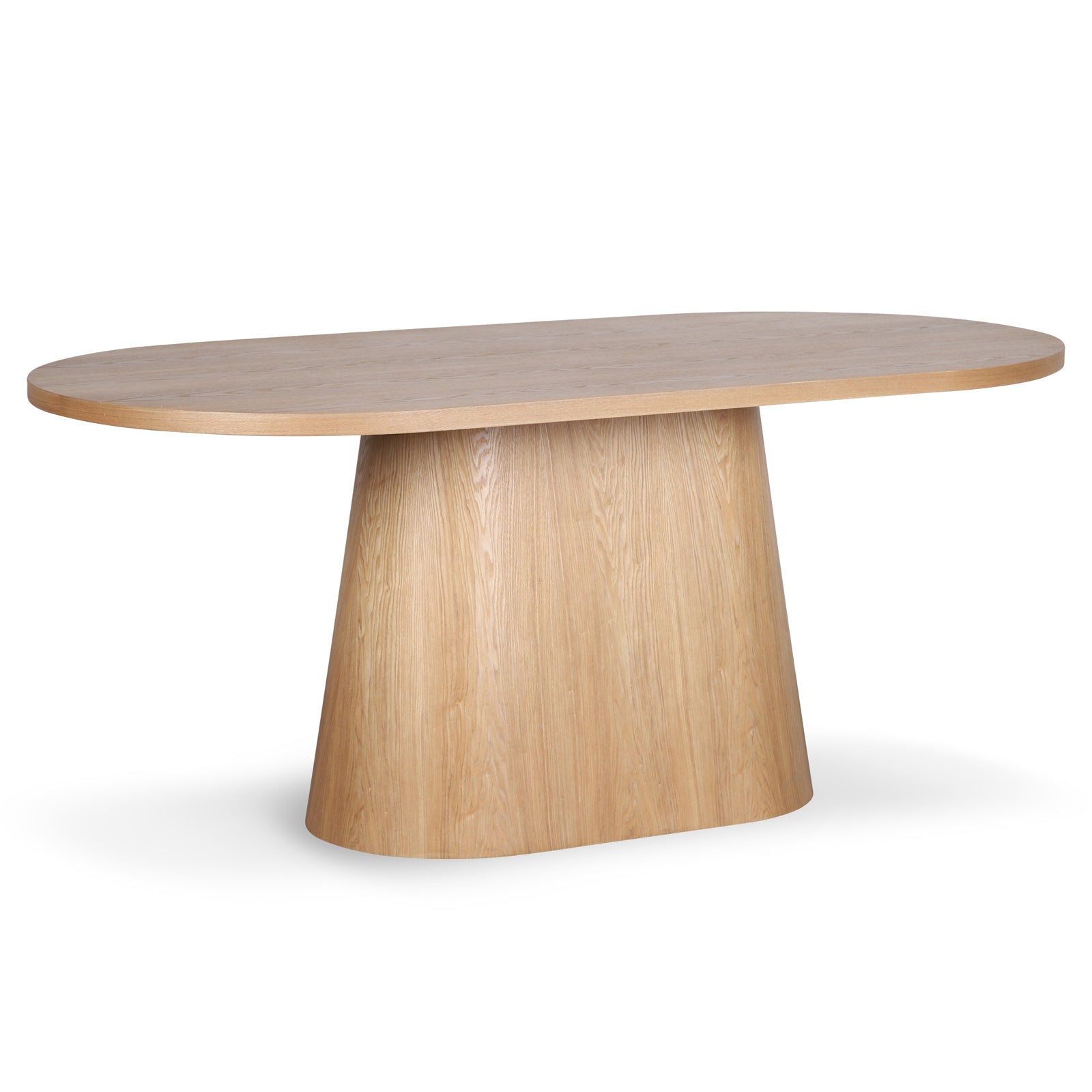 Gigi 180cm Oval Wooden Dining Table in Oak features a light-wood oval tabletop with a tapered pedestal base, offering a stylish, spacious design perfect for enhancing dining areas.