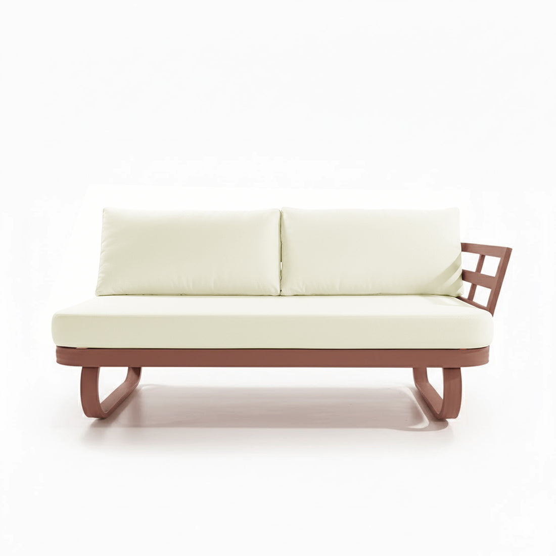Paloma Modular Outdoor Lounge Set in Terracotta, featuring a minimalist two-seat daybed with a curved wooden frame, cream cushions, and a lattice-style arm, set against a plain white background.