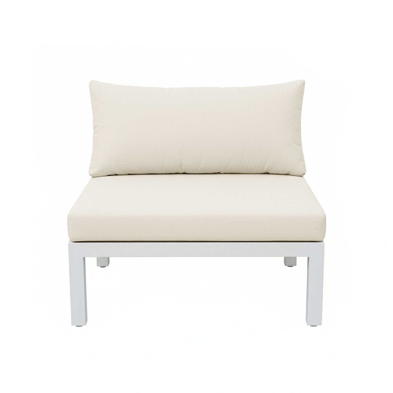 Sierra Outdoor Lounge Set in Beige features a minimalist armless chair with a white metal frame and plush cream cushions, ideal for modular indoor or outdoor relaxation.