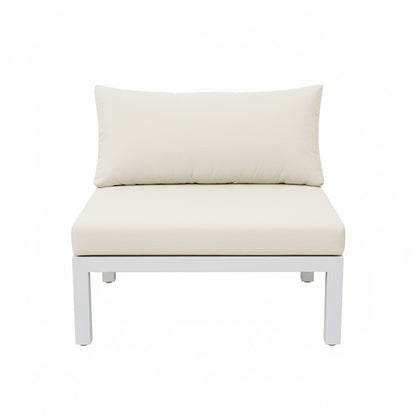 Sierra Outdoor Lounge Set in Beige features a minimalist armless chair with a white metal frame and plush cream cushions, ideal for modular indoor or outdoor relaxation.