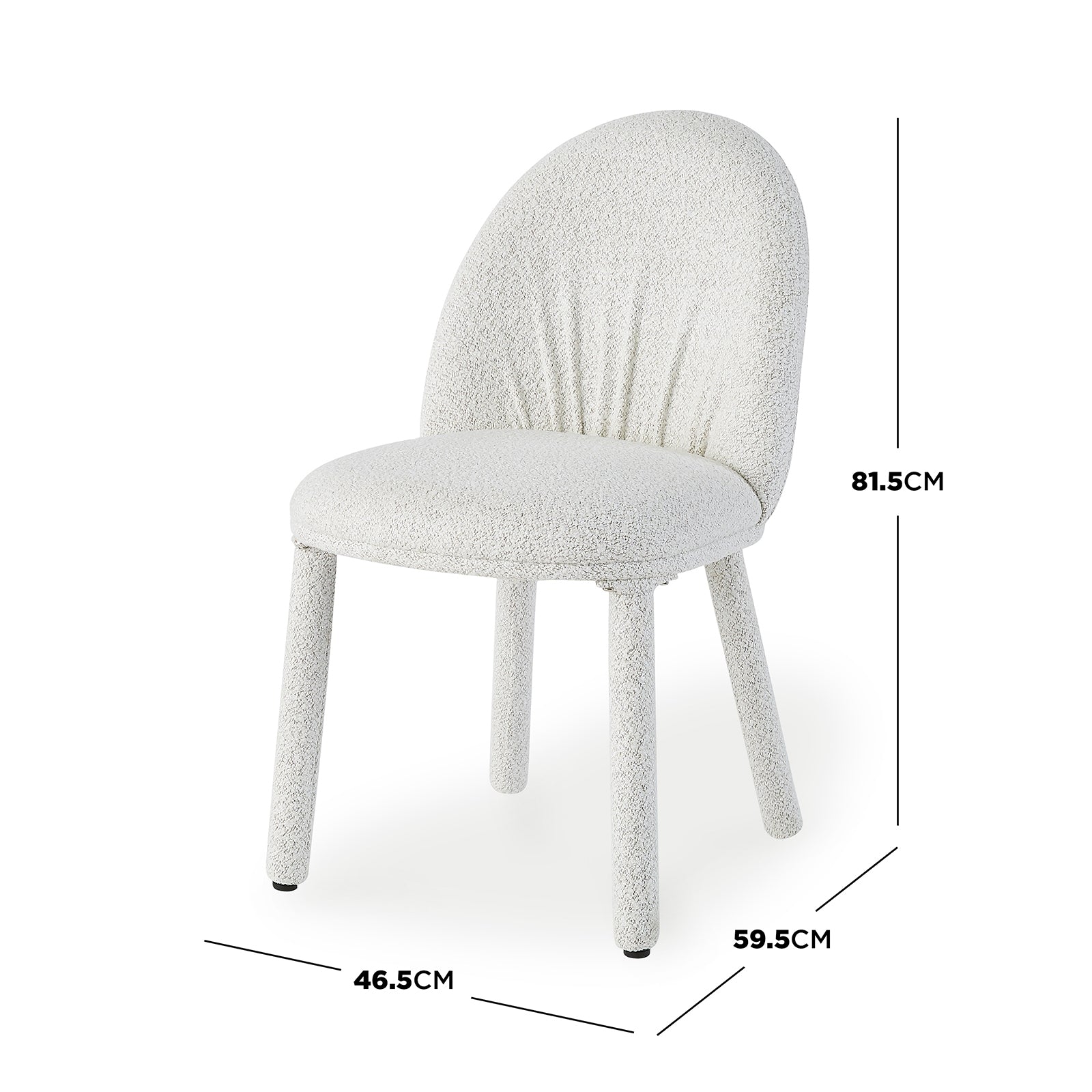 Joren Boucle Arched Dining Chair Set of 2 in Cream, featuring a curved backrest, cushioned seat, and padded tubular legs, with measurement call-outs highlighting its dimensions for a stylish, comfortable dining experience.