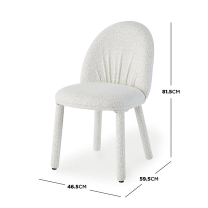 Joren Boucle Arched Dining Chair Set of 2 in Cream, featuring a curved backrest, cushioned seat, and padded tubular legs, with measurement call-outs highlighting its dimensions for a stylish, comfortable dining experience.