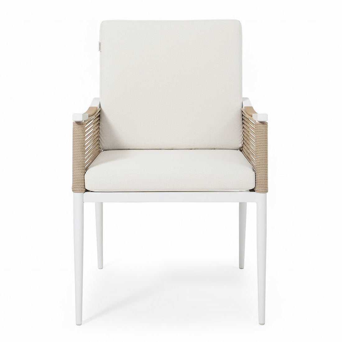 Casara 9 Piece Outdoor Dining Set in White and Beige features a sleek white metal frame, beige woven-rope detailing, and light-cream cushions, perfect for alfresco dining with eight seats and a spacious table.