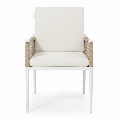 Casara 9 Piece Outdoor Dining Set in White and Beige features a sleek white metal frame, beige woven-rope detailing, and light-cream cushions, perfect for alfresco dining with eight seats and a spacious table.