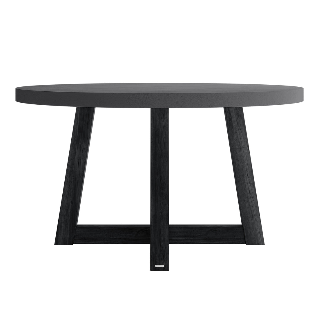 Magnus Hardwood and Concrete Outdoor Dining Table in Grey features a round concrete top and angled wooden legs with a trestle-style base, offering a modern look ideal for alfresco dining.