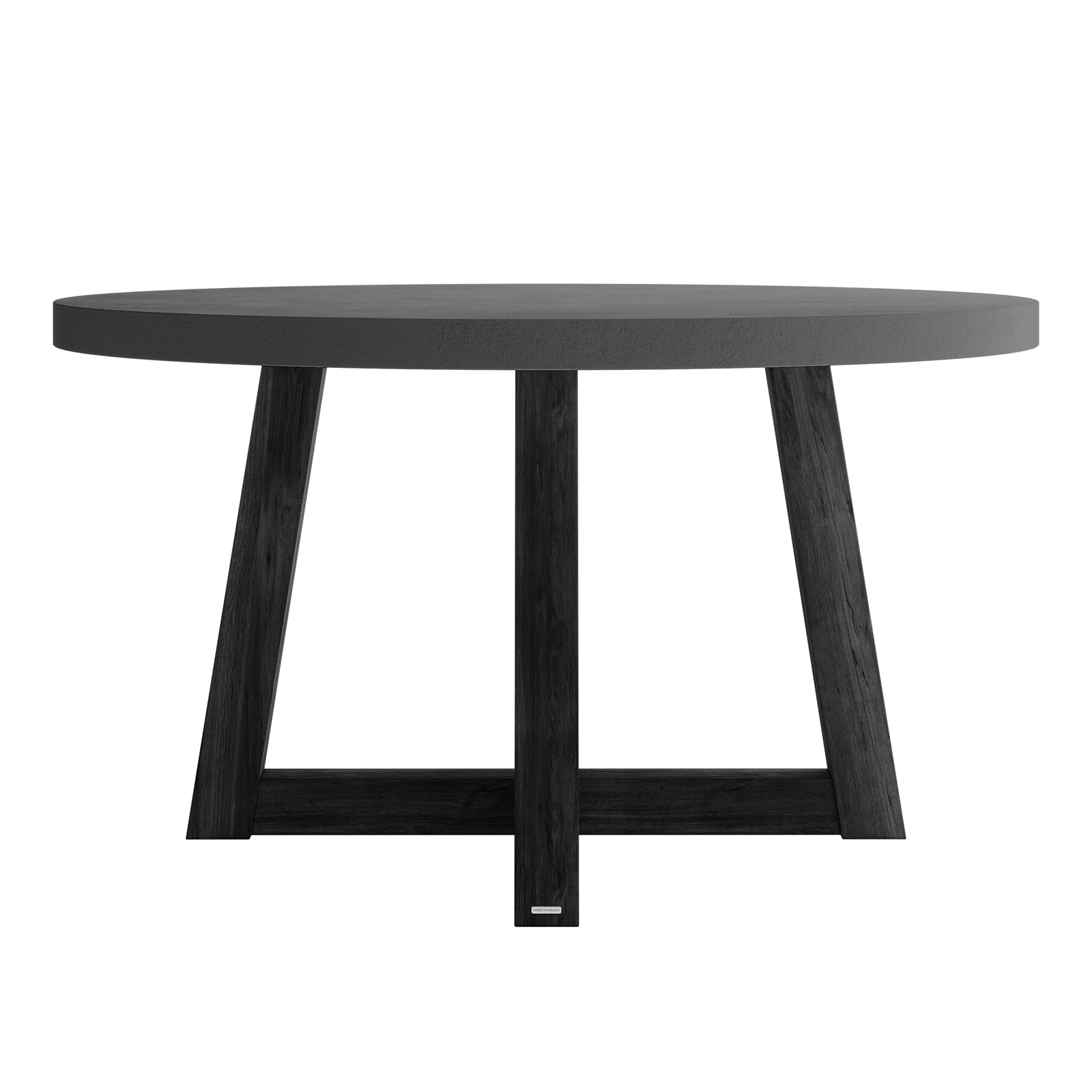 Magnus Hardwood and Concrete Outdoor Dining Table in Grey features a round concrete top and angled wooden legs with a trestle-style base, offering a modern look ideal for alfresco dining.