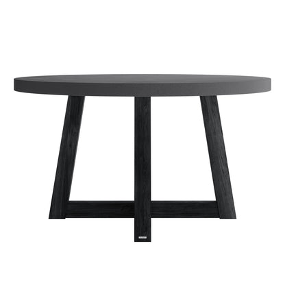 Magnus Hardwood and Concrete Outdoor Dining Table in Grey features a round concrete top and angled wooden legs with a trestle-style base, offering a modern look ideal for alfresco dining.