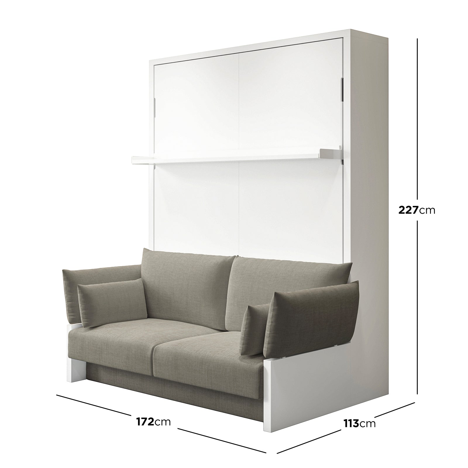 Luxo Byron Sofa Foldout Queen Wall Bed White & Grey features a modern two-seat sofa in gray/olive fabric, integrated into a tall white cabinet with a drop-down bed and fold-out shelf.
