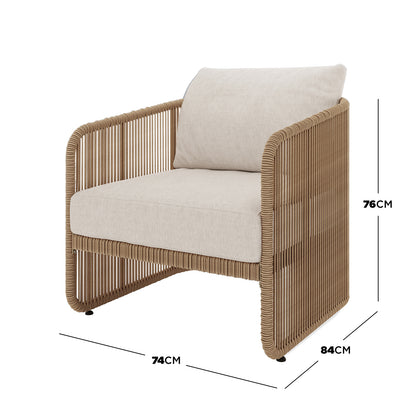 Solari 4 Seater Wicker Outdoor Sofa Set in Natural features a woven rope frame armchair with light beige cushions, measuring approximately 74 cm wide, 84 cm deep, and 76 cm tall.