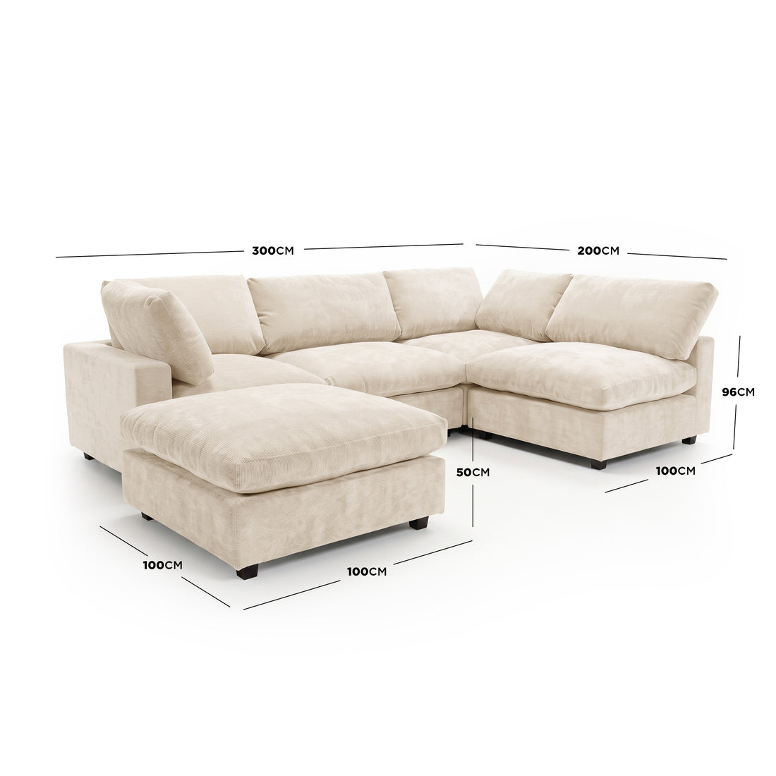 Light beige sectional sofa on white background with dimension labels - Dimensions