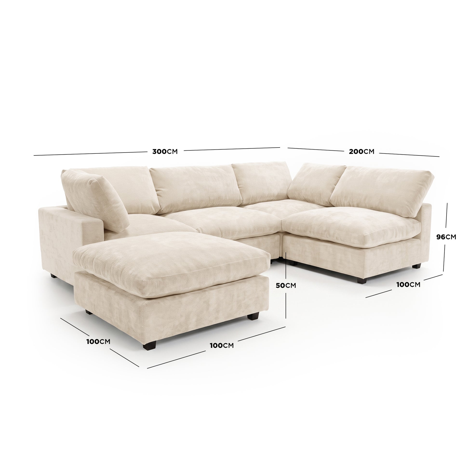 Light beige sectional sofa on white background with dimension labels - Dimensions