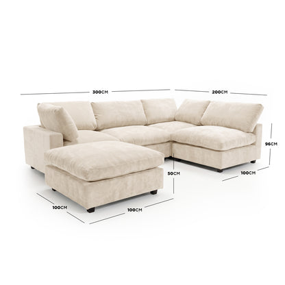 Light beige sectional sofa on white background with dimension labels - Dimensions
