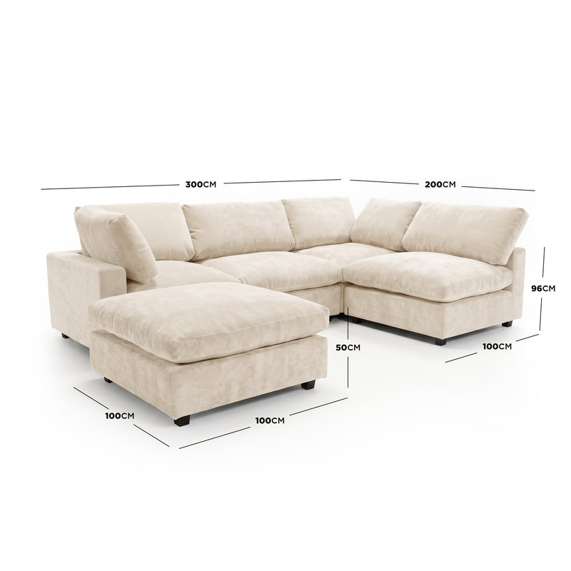 Light beige sectional sofa on white background with dimension labels - Dimensions