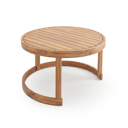 Round wooden coffee table with slatted top on a white background