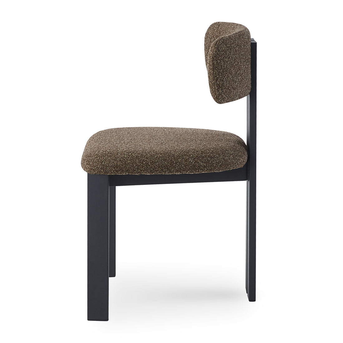 Haleo Curved Boucle Dining Chair Set of 2 in Rust Brown, featuring a minimalist profile with a black metal frame, textured boucle fabric upholstery, curved backrest, and straight legs for contemporary style.