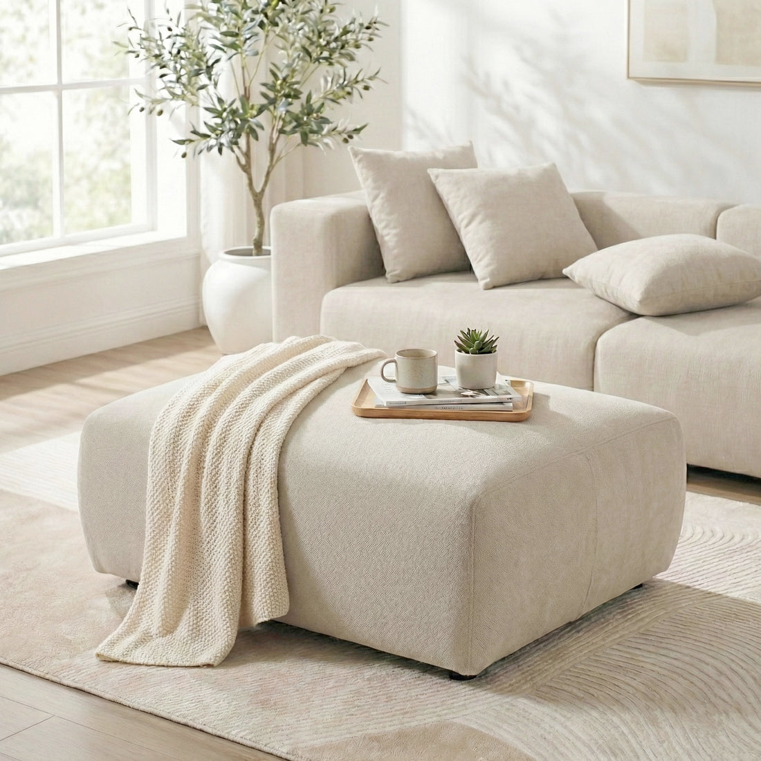 Beige ottoman with throw and tray in a modern living room
