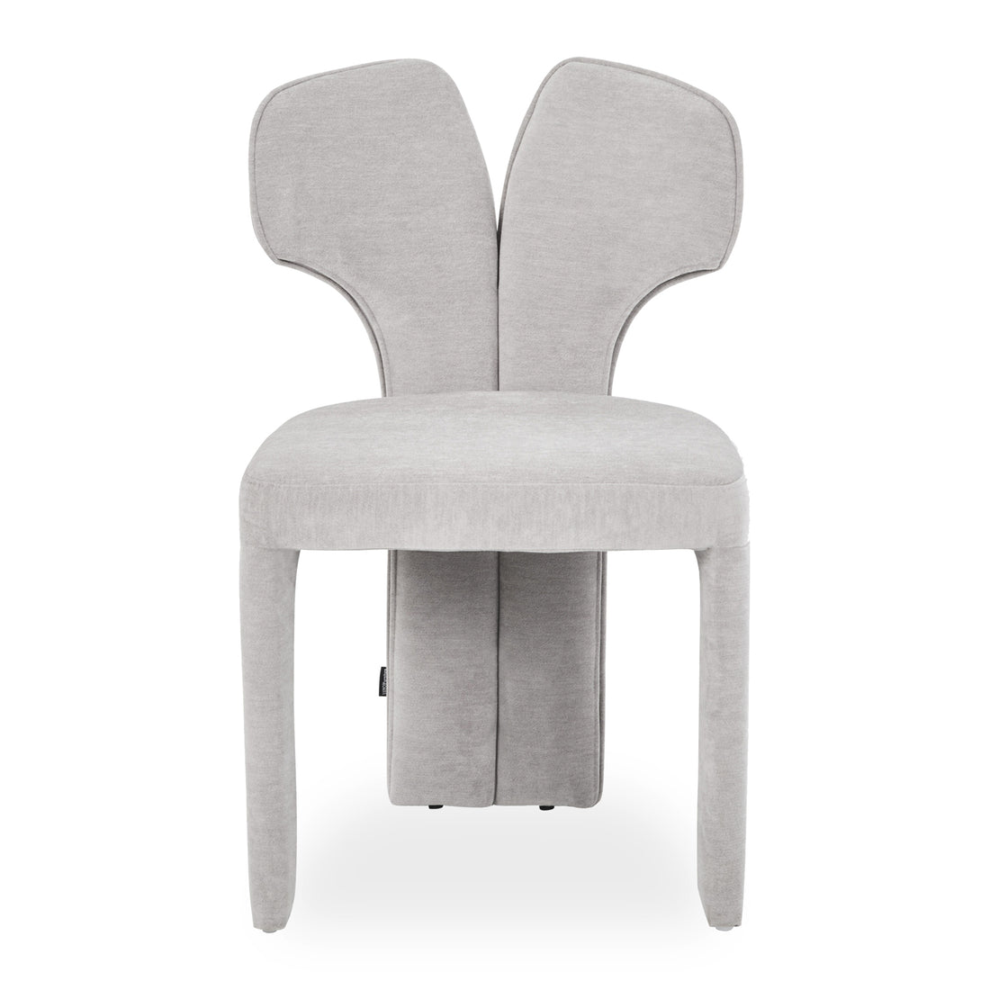 Light gray modern accent chair with sculptural backrest on white background