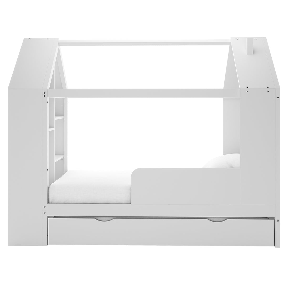 Halden Kids Cubby Bed Storage & Trundle in White, featuring a peaked roof frame, short guardrail, built-in cubby shelves, and a large pull-out trundle drawer for added functionality and playfulness.