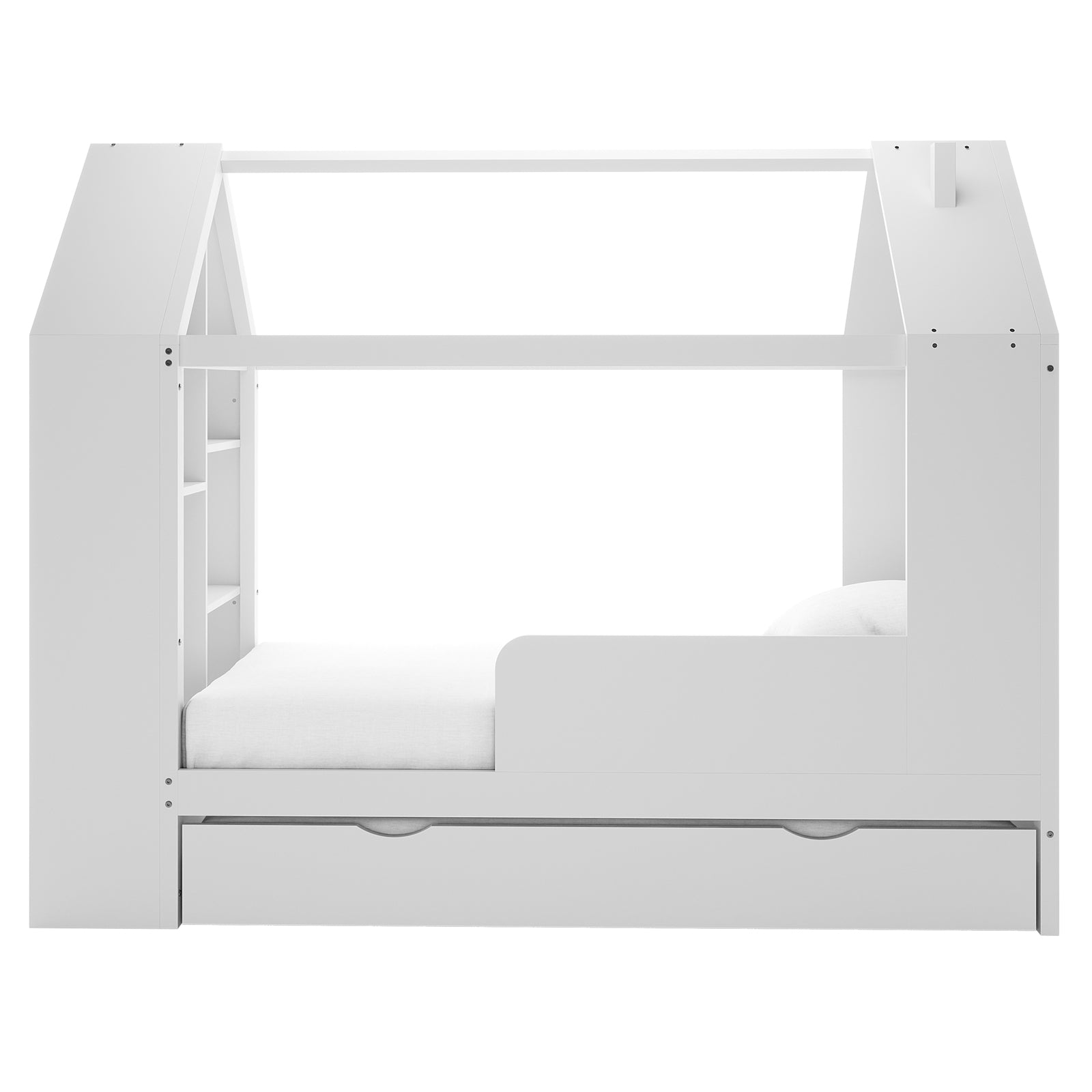 Halden Kids Cubby Bed Storage & Trundle in White, featuring a peaked roof frame, short guardrail, built-in cubby shelves, and a large pull-out trundle drawer for added functionality and playfulness.