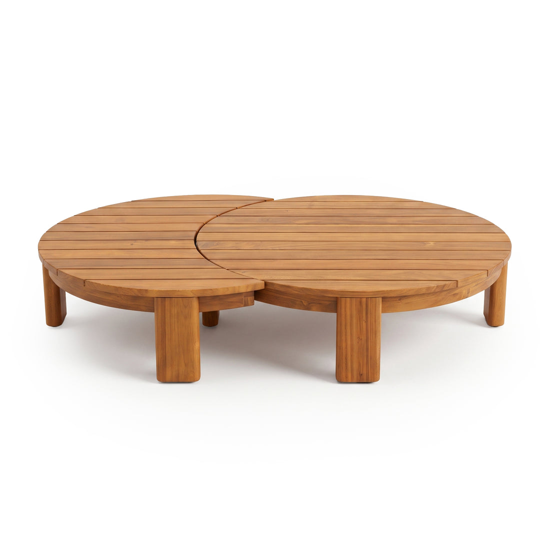 Round wooden coffee table with overlapping circular design on white background