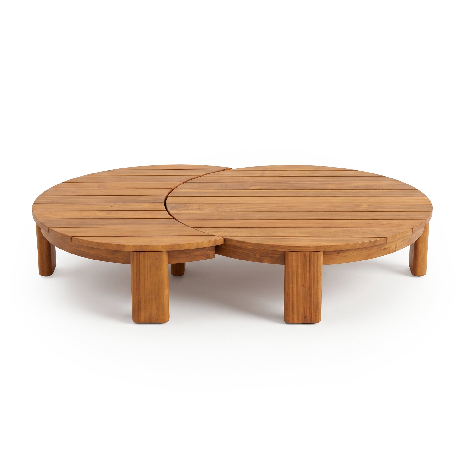 Round wooden coffee table with overlapping circular design on white background