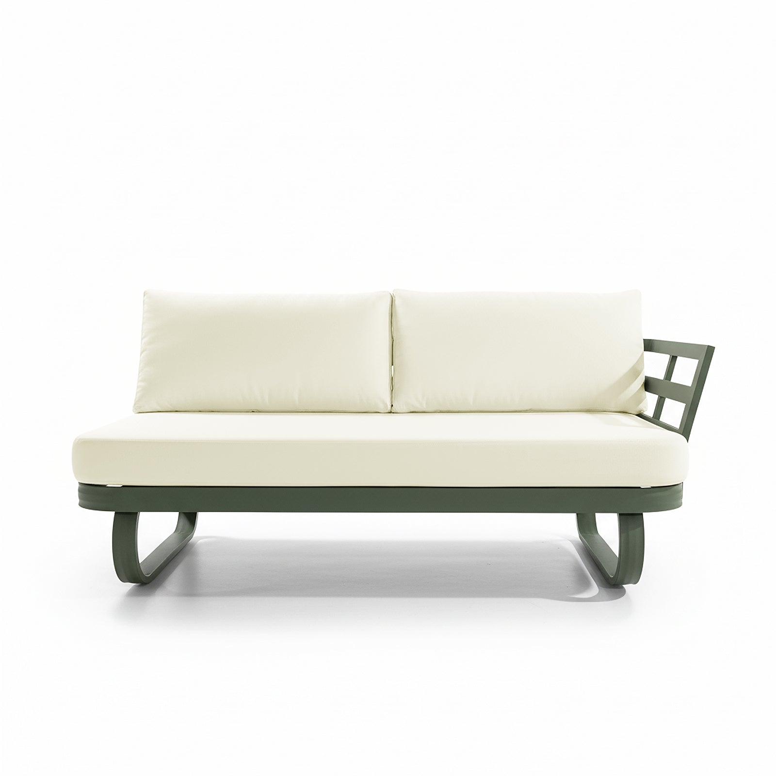 Paloma Modular Outdoor Lounge Set in Olive Green features a minimalist two-seat sofa with cream cushions on a dark green metal frame, showcasing curved legs and a lattice-style armrest.