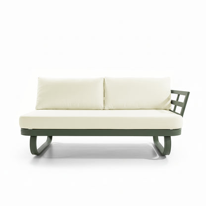 Paloma Modular Outdoor Lounge Set in Olive Green features a minimalist two-seat sofa with cream cushions on a dark green metal frame, showcasing curved legs and a lattice-style armrest.