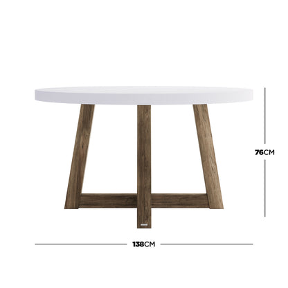 Magnus Hardwood and Concrete Outdoor Dining Table with a 138 cm white concrete top and solid acacia wood legs, designed for stability and style in outdoor settings.