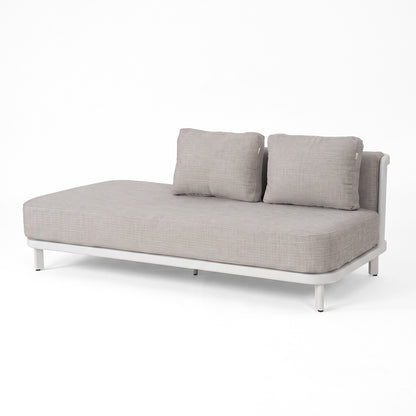 Contemporary chaise lounge with light gray upholstery and two back cushions on a white background.