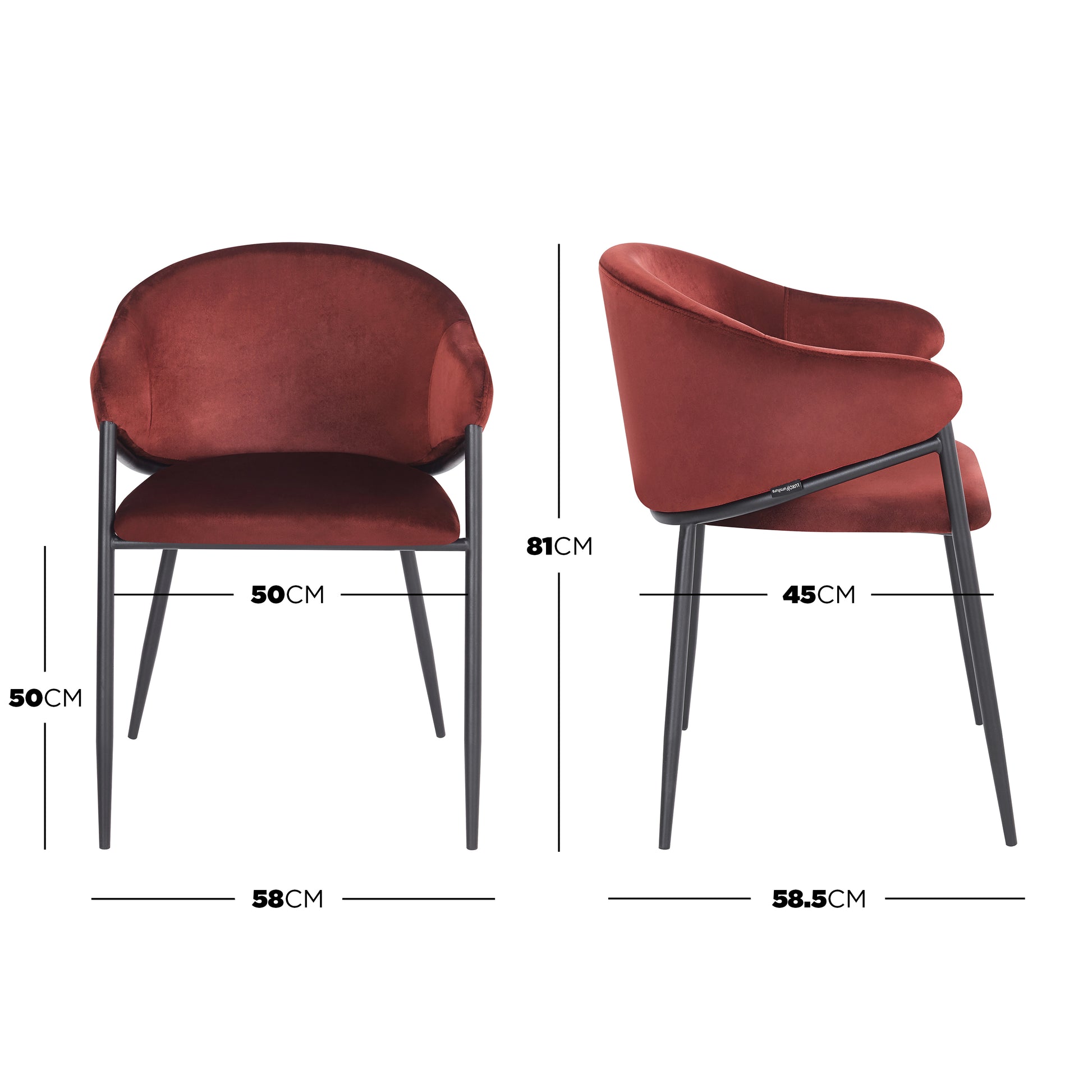 Burgundy chair with dimension lines showing height, width, and depth on white background