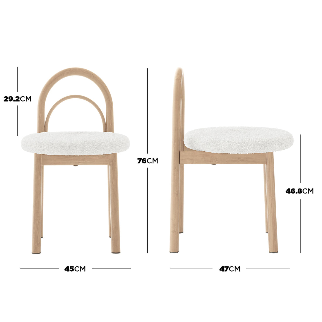 Modern chair on a white background with labeled dimensions shown in centimeters