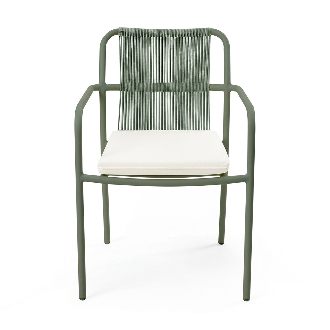 Evone 4 Seater Stone Outdoor Dining Table Set in Green featuring a sleek stone tabletop, slender metal frame, and woven-cord backrest. Ideal for stylish, compact outdoor dining.