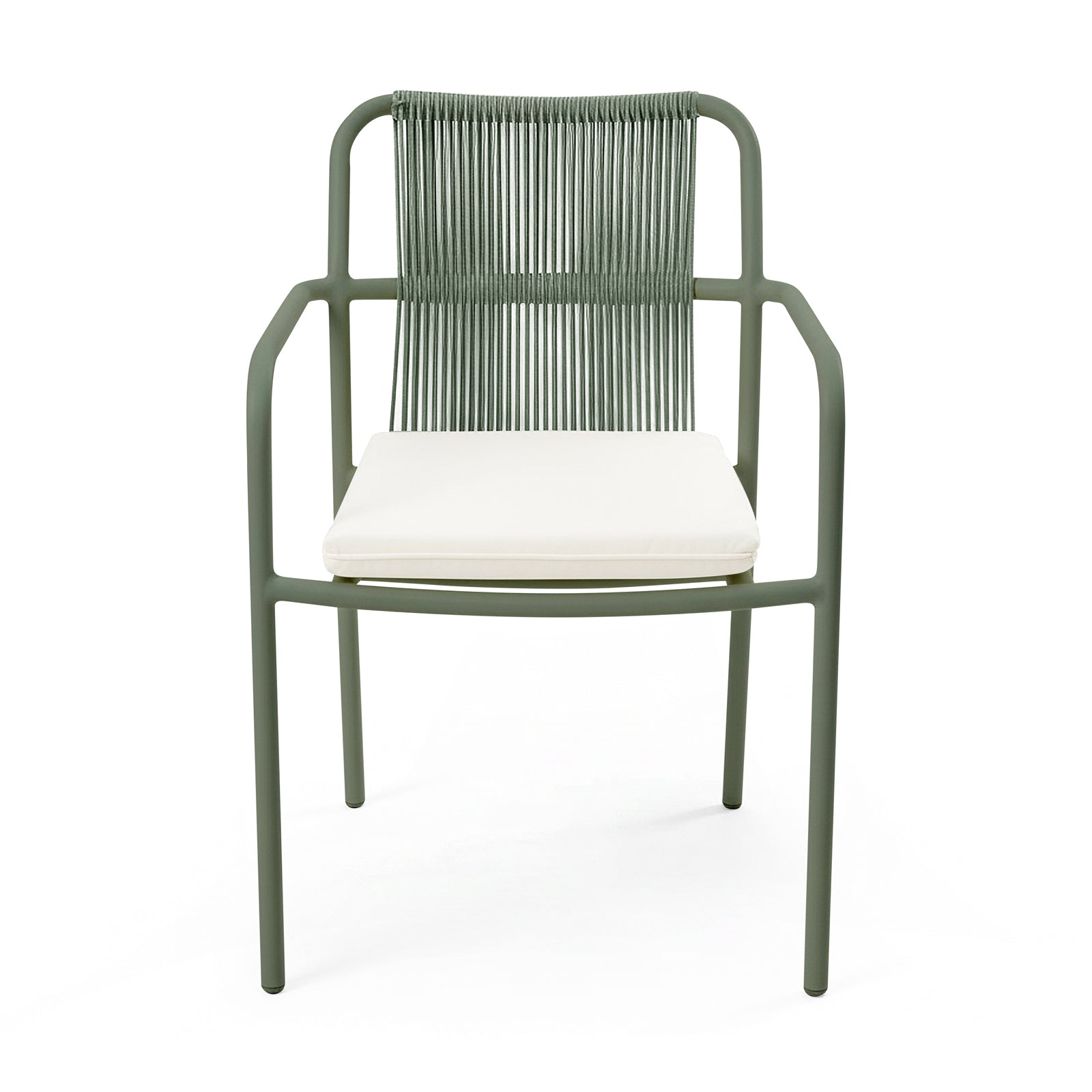 Evone 4 Seater Stone Outdoor Dining Table Set in Green featuring a sleek stone tabletop, slender metal frame, and woven-cord backrest. Ideal for stylish, compact outdoor dining.