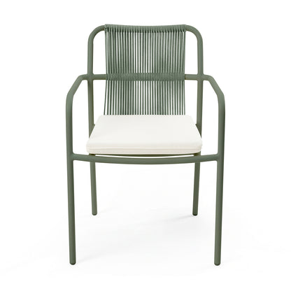 Evone 4 Seater Stone Outdoor Dining Table Set in Green featuring a sleek stone tabletop, slender metal frame, and woven-cord backrest. Ideal for stylish, compact outdoor dining.