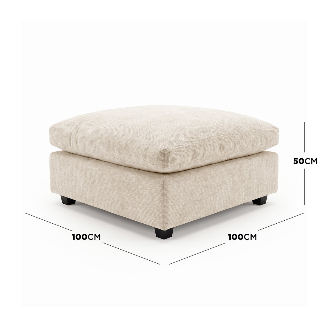 Beige ottoman on white background with dimension labels showing 100CM by 100CM by 50CM - Dimensions