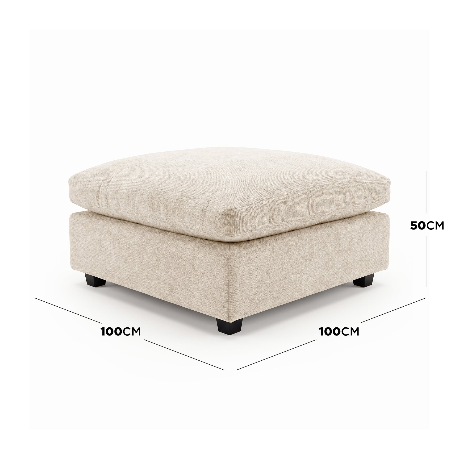 Beige ottoman on white background with dimension labels showing 100CM by 100CM by 50CM - Dimensions