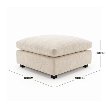 Beige ottoman on white background with dimension labels showing 100CM by 100CM by 50CM - Dimensions