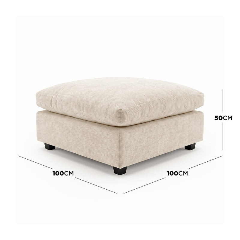 Beige ottoman on white background with dimension labels showing 100CM by 100CM by 50CM - Dimensions