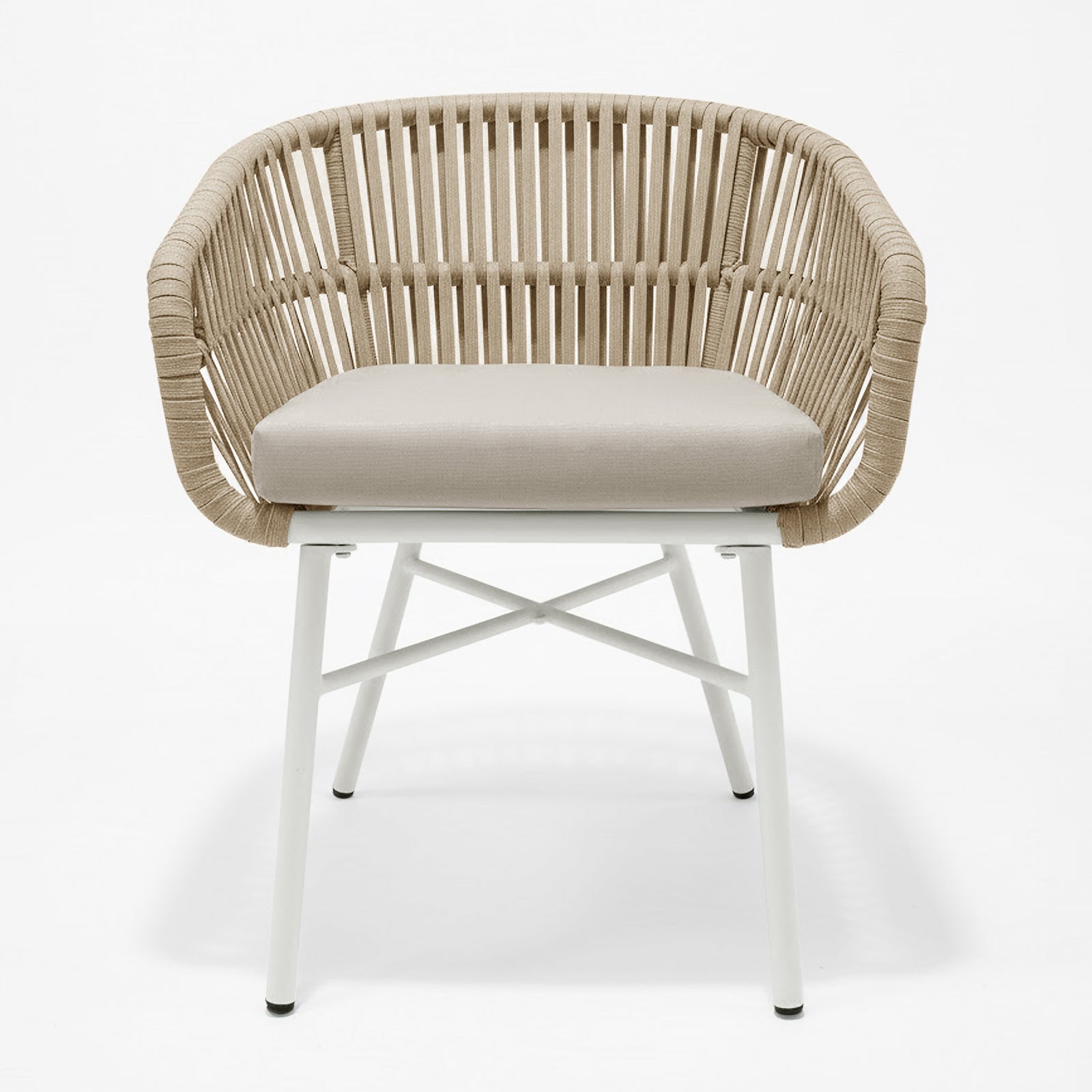 Marula Rope Outdoor Dining Chairs in White Set of 4, featuring a sleek white metal frame, beige seat cushions, and neutral-toned rope detailing for a modern, airy look suitable for outdoor dining.