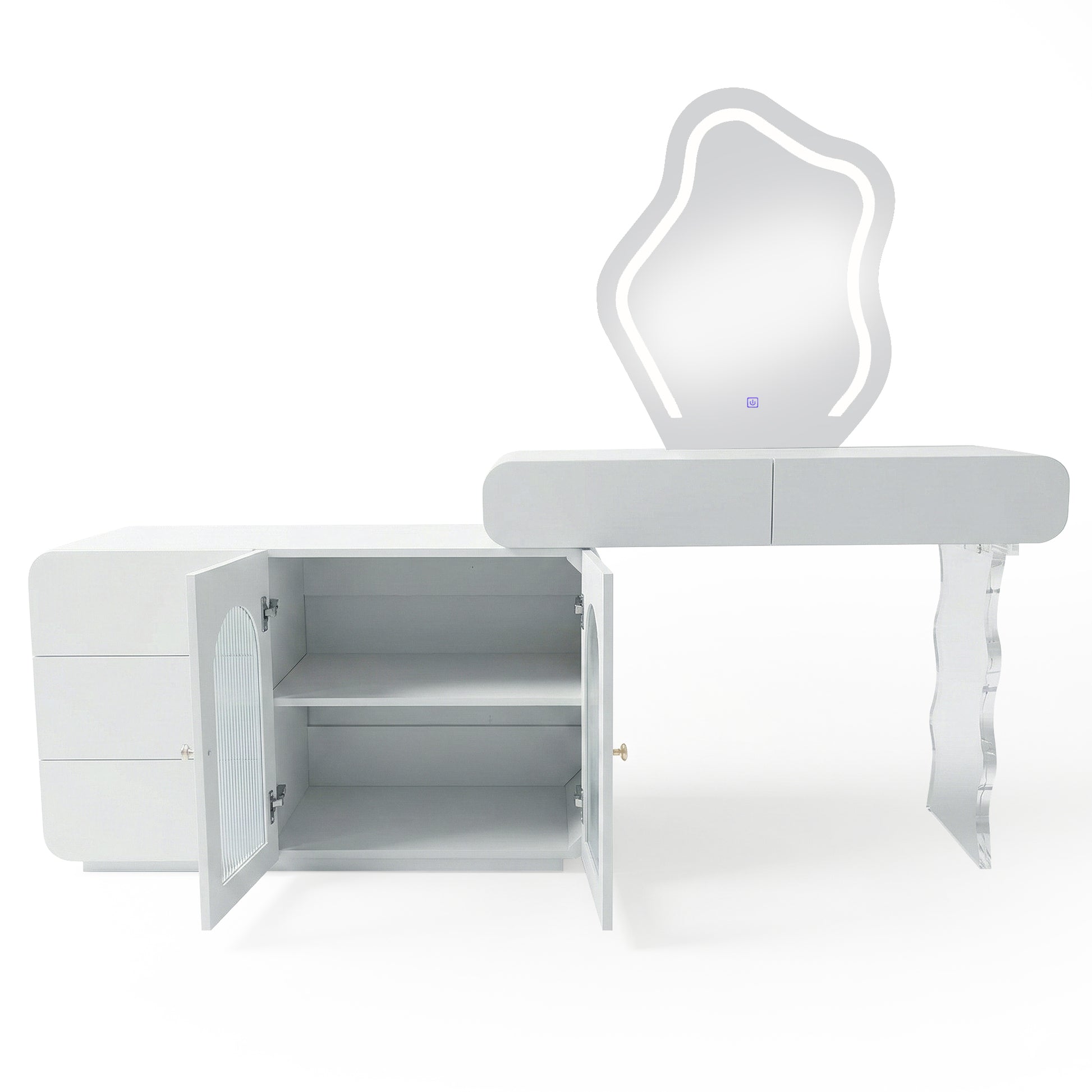 White vanity with open cabinet doors and drawers on white background