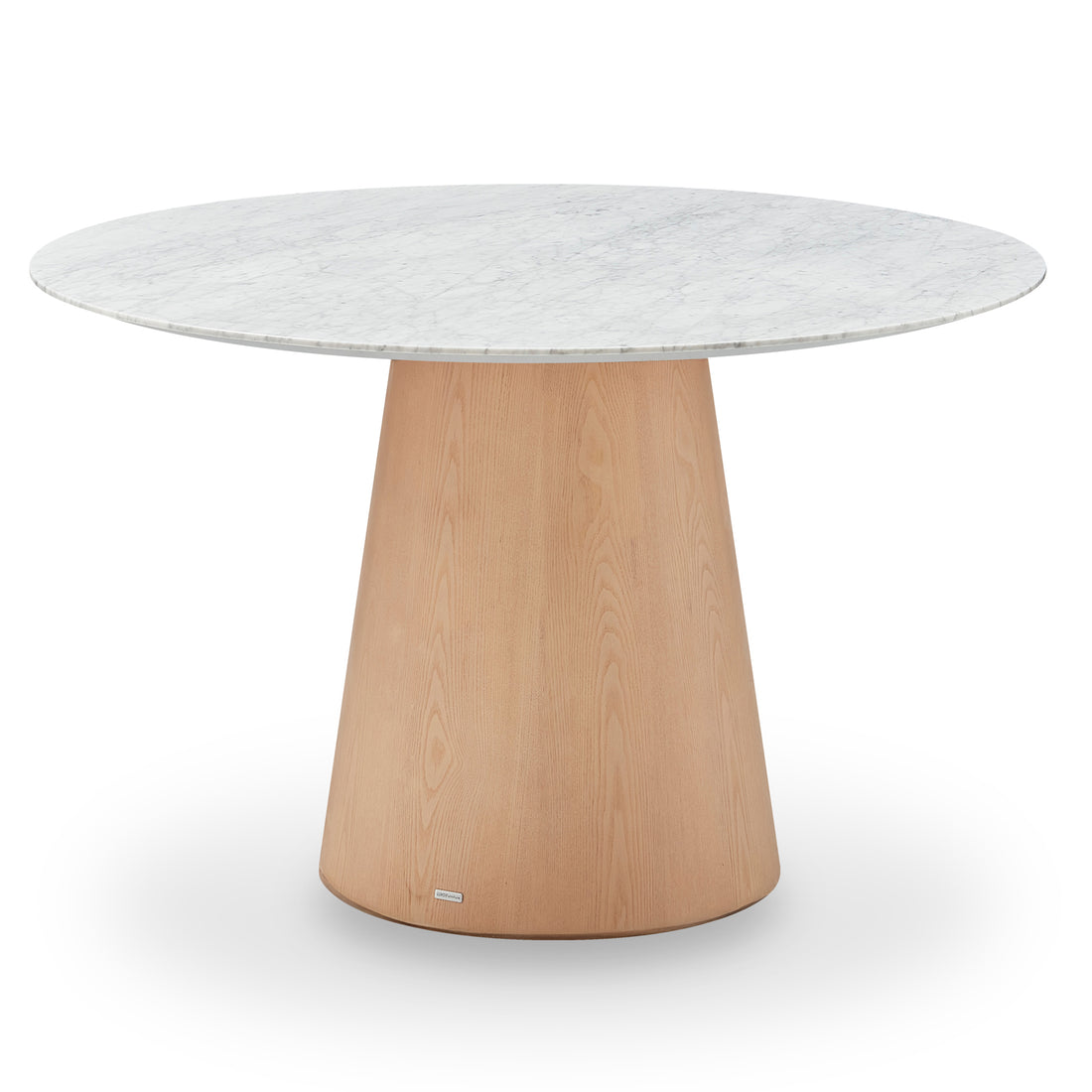 Dina 120cm Round Marble Dining Table in Carrara Natural with a white marble-look tabletop and a tapered light-wood pedestal base, designed for elegance and stability, enhancing dining spaces with luxury.
