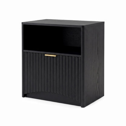 Black nightstand with textured front and gold handle on a white background